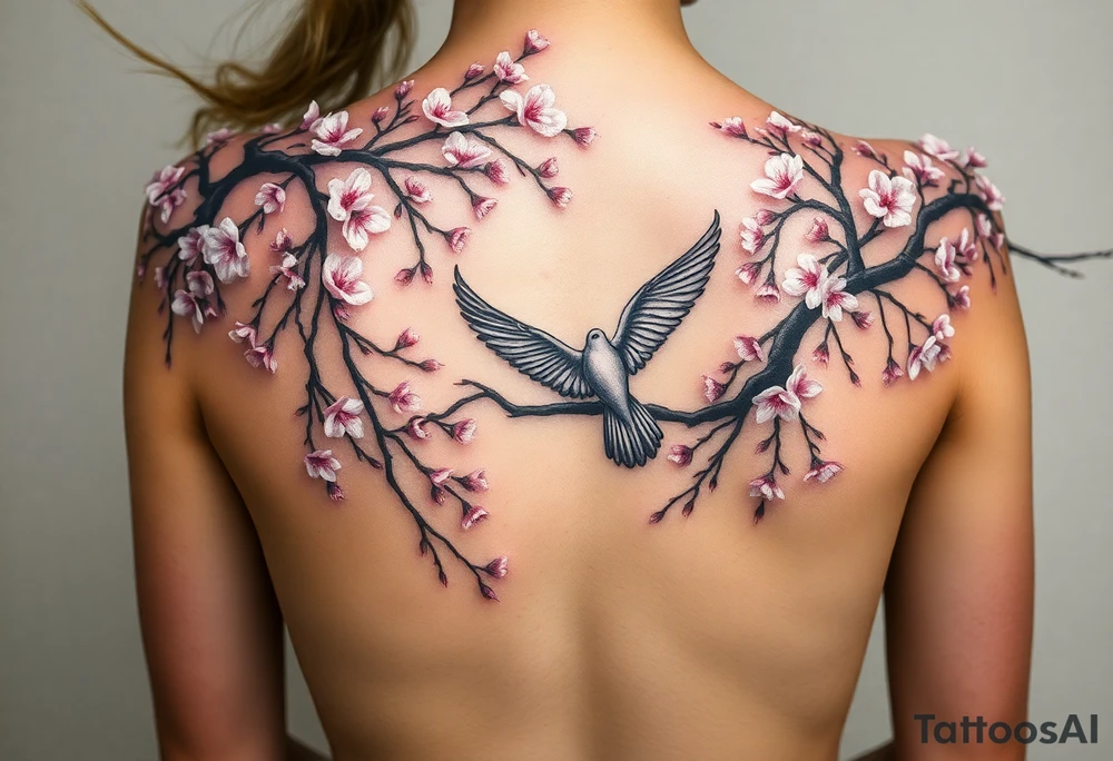 A big weeping, cherry blossom tree on the entire back, one baby Dove, flying into the sky. A Mom Dove hovering above the ground that’s turning black like she stained with grief. Goth romance 
These are the dates I want dainty in the heavily overflow of weeping cherry blossom branches and leaves March 31, 2024 – July 2, 2024 tattoo idea