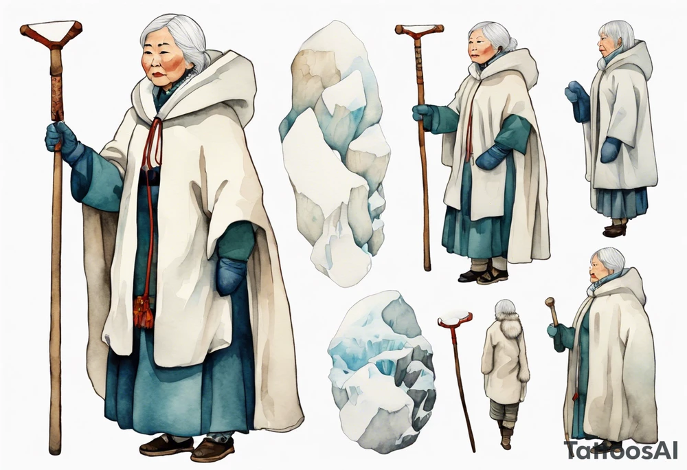 an elderly Inuit woman with white hair, wearing mittens, wearing a white cloak, holding a white staff, wearing mukluks, standing on an iceberg tattoo idea