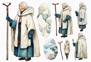 an elderly Inuit woman with white hair, wearing mittens, wearing a white cloak, holding a white staff, wearing mukluks, standing on an iceberg tattoo idea