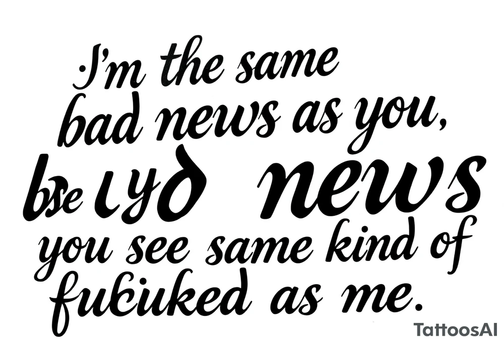 Chicano blackletter script tattoo, elegant cursive with thick and thin strokes, a lot of dramatic flourishes, especially on 'f' and 'y'. Text: “I’m the same bad news as you, you’re the same kind of fucked as me.” High contrast, black ink on white background, no shading, no color tattoo idea