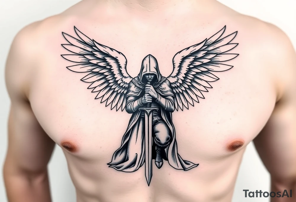 Soldier Angel with long sword kneeling looking down cloak over head wings spread tattoo idea, upper chest tattoo idea