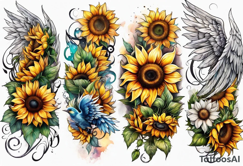 Sunflowers and angel wings leg sleeve tattoo idea