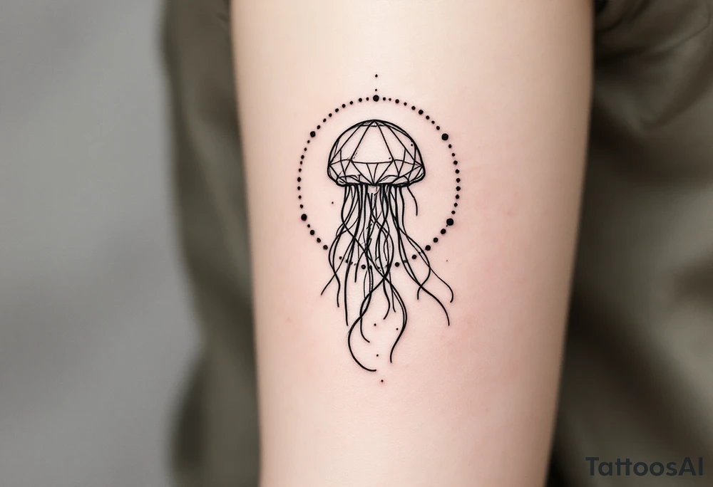 fine-line tattoo, single jellyfish, sacred geometry surround, dotwork patterns, jellyfish bell dome, flowing tentacles, trailing streamers, geometric mandala, radiating dotwork, minimalist design, black grey lines, soft shading, no outlines, geometric frame, organic jellyfish form, upper arm shoulder placement, light airy feel, delicate linework, geometric backdrop, refined elements, clean lines, radiating patterns, jellyfish centerpiece tattoo idea