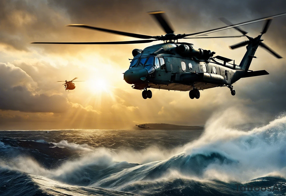 A cinematic-style tattoo depicting a Canadian military CH-148 Cyclone helicopter performing a daring maneuver over a turbulent ocean. The sky should be filled with dramatic clouds, and the sun should be setting, casting long shadows. The helicopter should be the main focus, with intricate details and a sense of motion. In the background, a poppy should be prominently displayed, and a quote from 'Lest We Forget' should be included, black and white tattoo idea