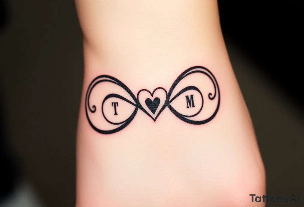 An infinity symbol with two initials T and M on each loop and a tiny heart in the center in black ink tattoo idea