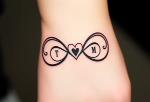 An infinity symbol with two initials T and M on each loop and a tiny heart in the center in black ink tattoo idea