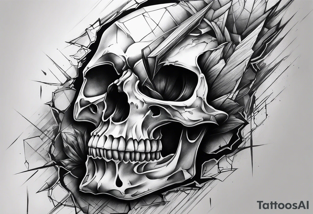 fragmented extreme pain skull elbow on arm tattoo idea