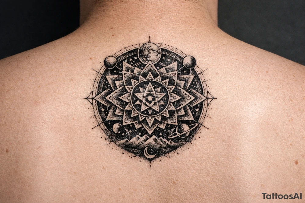 intricate mandala with sacred geometry and cosmic elements tattoo idea
