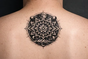 intricate mandala with sacred geometry and cosmic elements tattoo idea