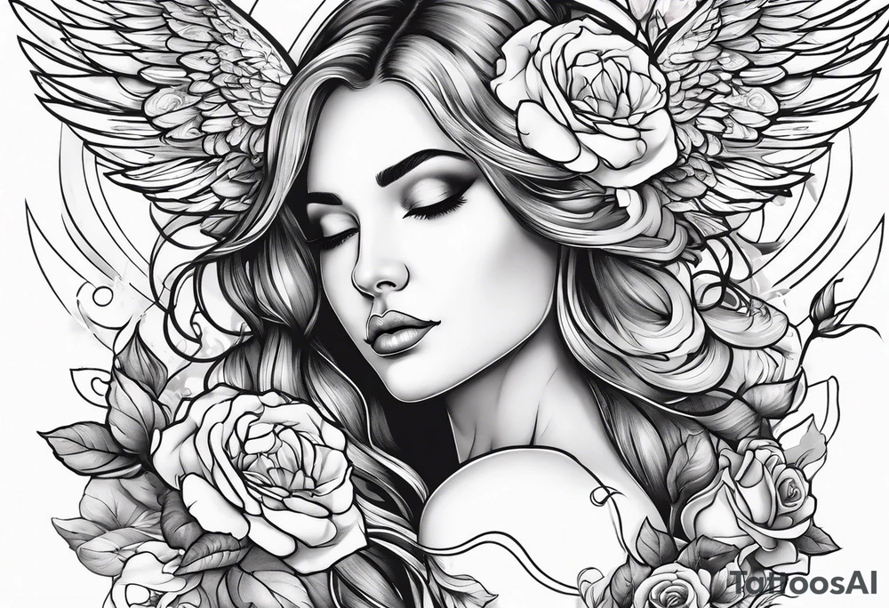 Beautiful woman angle with wings standing surrounded by roses tattoo idea