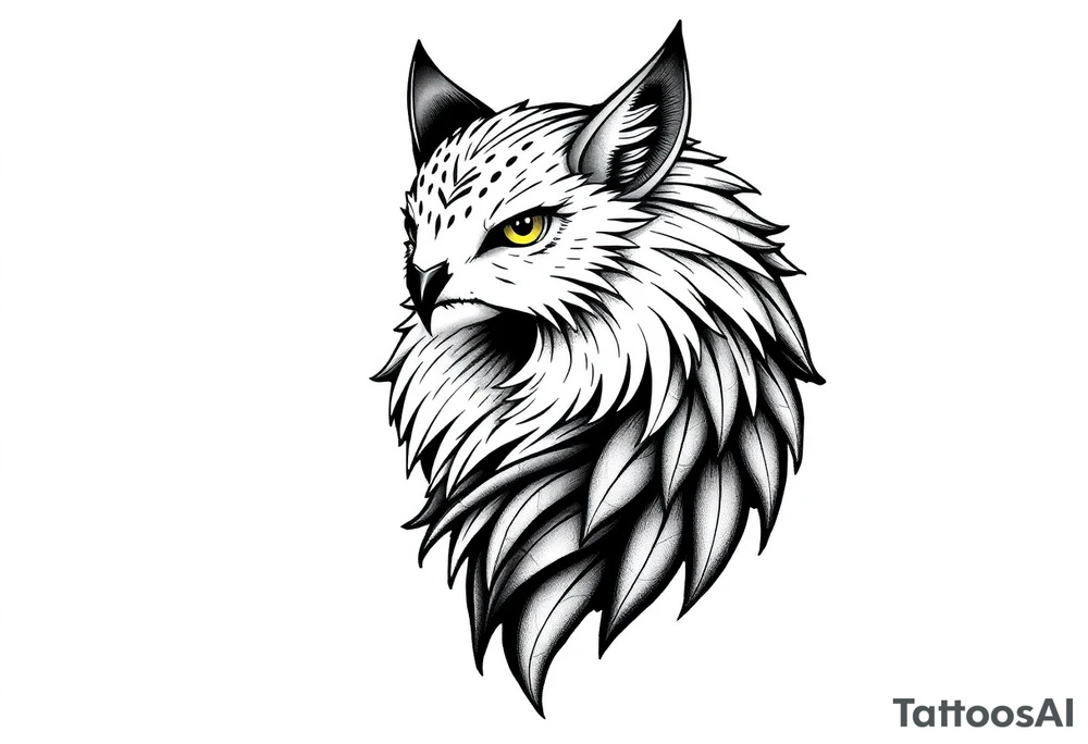 Um desenho em preto e branco de um pássaro estilizado, com aparência mística e detalhada. A arte é feita em estilo de tatuagem, com muitos traços finos, sombreamento em pontilhismo (dotwork) e formas geométricas. O pássaro tem olhos vazios e brilhantes, com penas estilizadas e sobrepostas em formas angulares e orgânicas. As asas e a cauda são longas, com detalhes intrincados que lembram padrões de penas de coruja ou falcão. A pose do pássaro é majestosa, com a cabeça voltada para frente e o corpo inclinado para o lado, como se estivesse empoleirado tattoo idea
