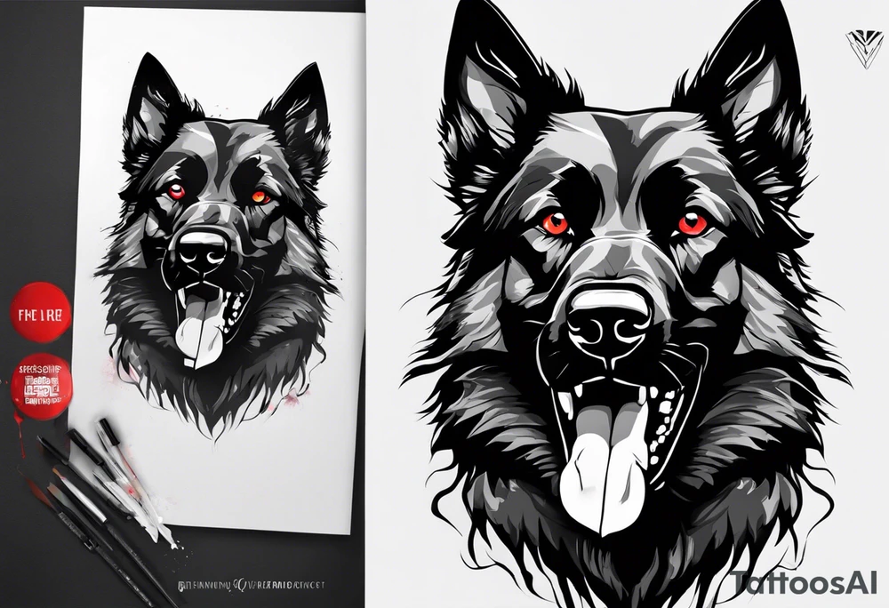 Create aggressive, vicious dog, with some blood coming out of his mouth and saliva. Make it a drawing and use the image of reference. I am going to add. I want HIM TO BE ANGRY WITH RED EYES use VICIOUS German shepherd tattoo idea