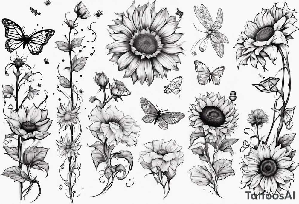 Arm sleeve, sunflowers, dragonflies, three cosmos flower, one violet, one carnation, vines , leaves, butterflies and bees tattoo idea
