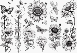 Arm sleeve, sunflowers, dragonflies, three cosmos flower, one violet, one carnation, vines , leaves, butterflies and bees tattoo idea