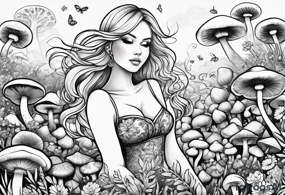 Blonde chubby Girl dancing in field of mushrooms tattoo idea