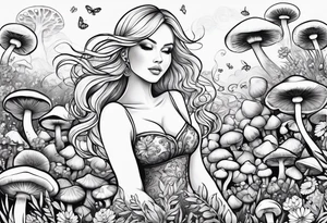 Blonde chubby Girl dancing in field of mushrooms tattoo idea
