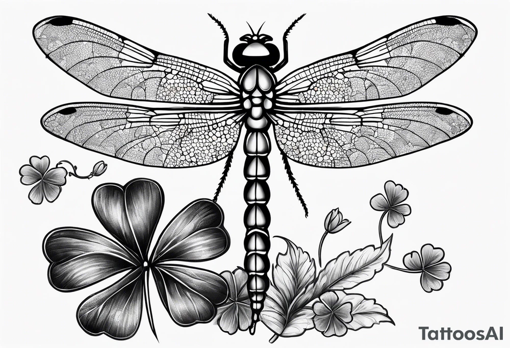 Dragon fly with clovers behind it tattoo idea