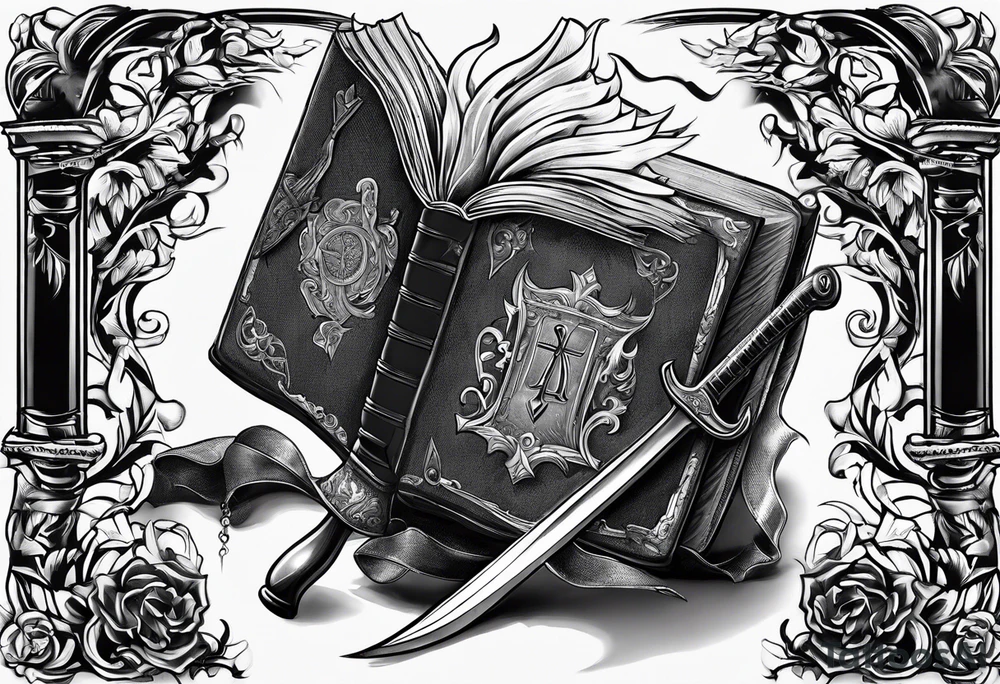 An opened bible with a battle Axe tattoo idea