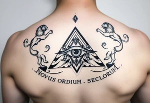 Pyramid with eye in the center, diamond on the top,lions on corners,surrounded by words - novus ordum seclorum tattoo idea