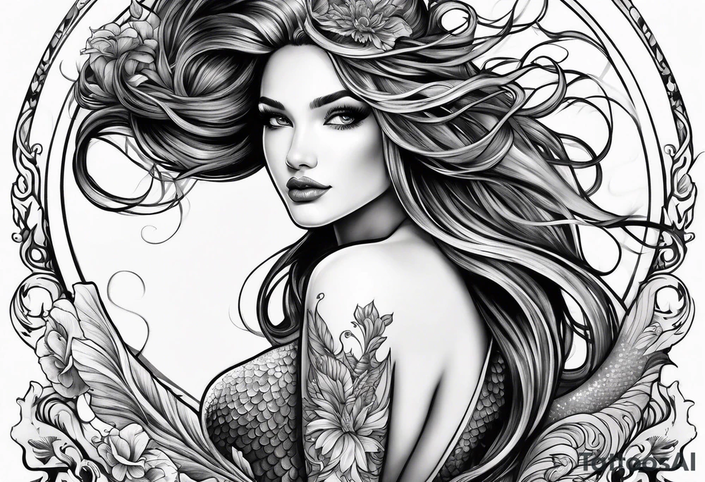 sexy full bodied mermaid with long 
flowing tail and hair, tattoo sleeve tattoo idea