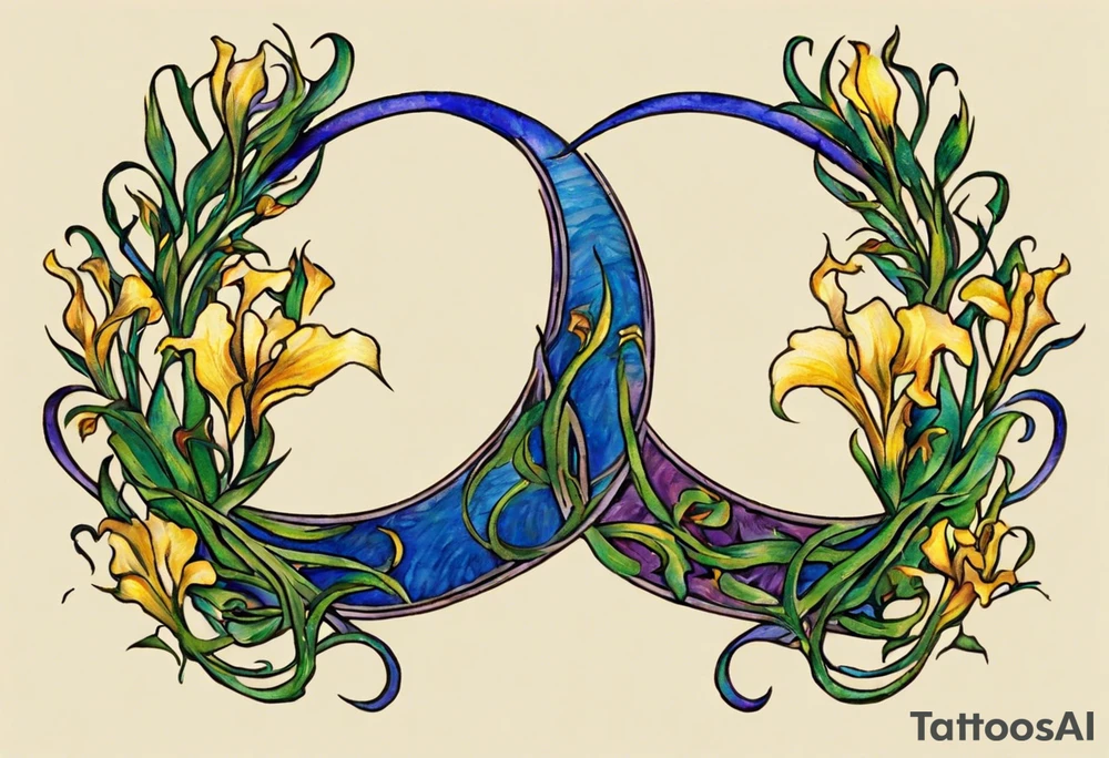 Create a small colorful Vincent van Gogh Irises tattoo in the form of a crescent, with vines or Celtic knots gracefully intertwining at a central point in the middle of the wreath.  In the middle of the wreath are mountains and other items found in New Mexico. Ensure that the design avoids the appearance of a bush and maintains a more structured and deliberate arrangement. The intended placement is on the upper chest. The overall design should be small in size while maintaining a delicate and artistic aesthetic. Pay attention to the graceful flow of the vines and the placement of the irises to achieve a refined and elegant look. tattoo idea