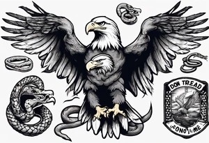 American traditional Bald Eagle carrying a snake in its talons, with a banner reading “don't tread on me” tattoo idea