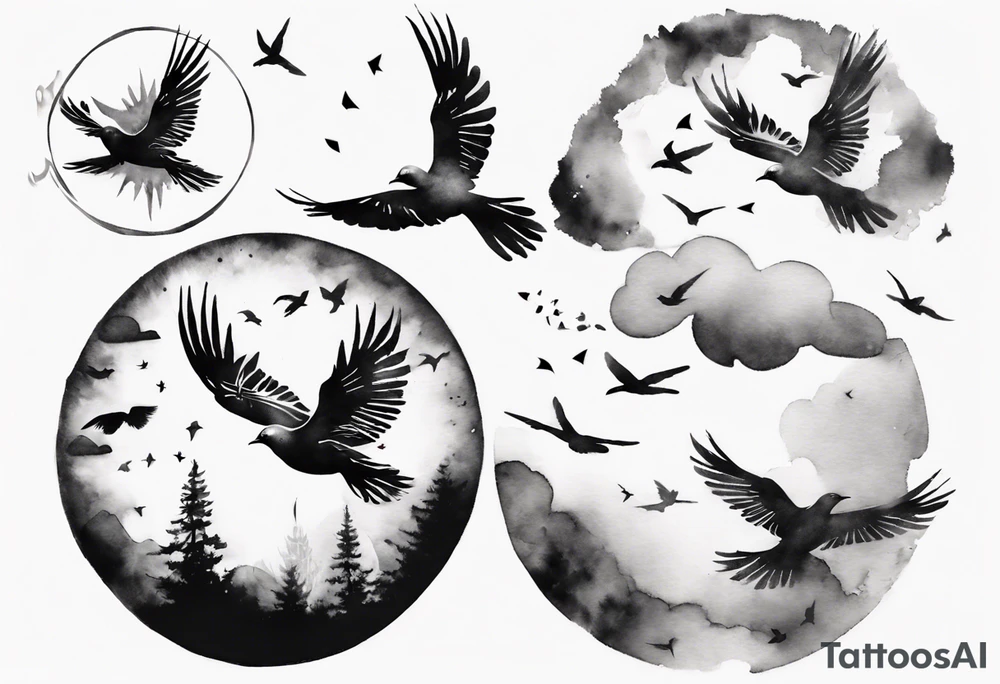 shoulder tattoo with light rays with birds flying free among the clouds, round shape, 3d effect tattoo idea shoulder tattoo with light rays with birds flying free among the clouds, round shape, 3d effect tattoo idea