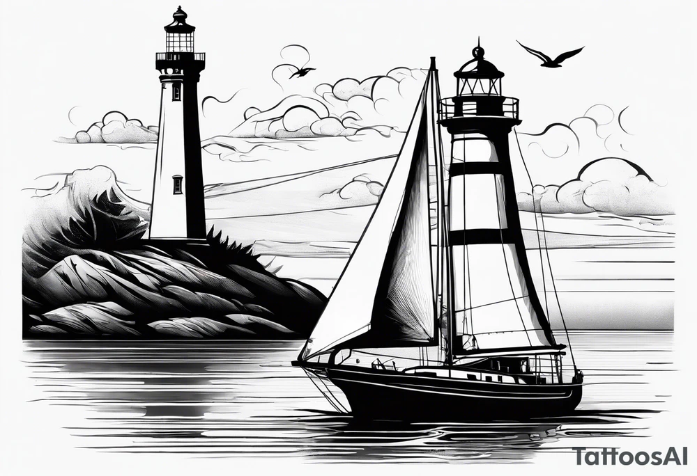 maritime lighthouse in a front view sailboat serving as a mast for a sail. tattoo idea