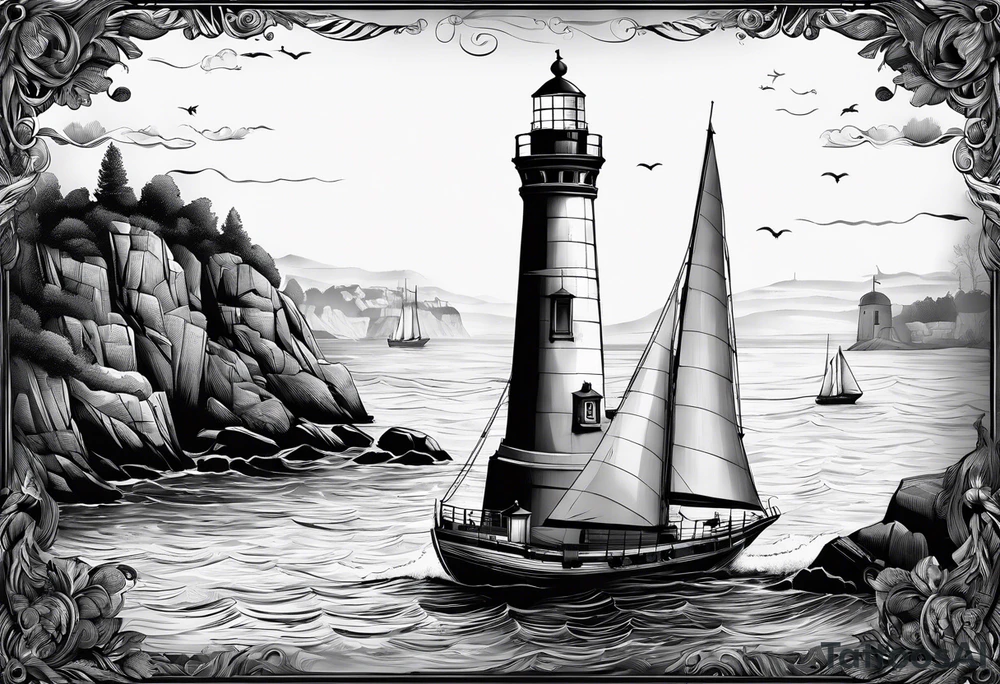 phare maritime sur un petit bateau a voiles. tattoo idea phare maritime sur un petit bateau a voiles. tattoo idea