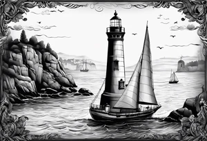 phare maritime sur un petit bateau a voiles. tattoo idea