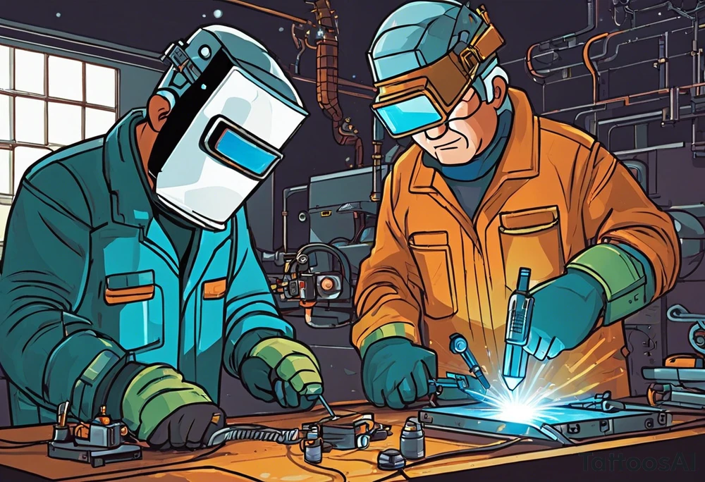 Two 60-year-old characters working together on creating a big mechanism made of iron, gems and electronic circuits. The first character is a welder, dressed in a welding suit and mask. The second character is a fitter, wearing a shirt with sleeves rolled up to the forearms and a tool belt. has no hat. The mechanism they are working on should be in the center of the drawing, should look like a human heart and to be 1\5 of the whole immage.  Characters positioned on either side of the mechanism. tattoo idea