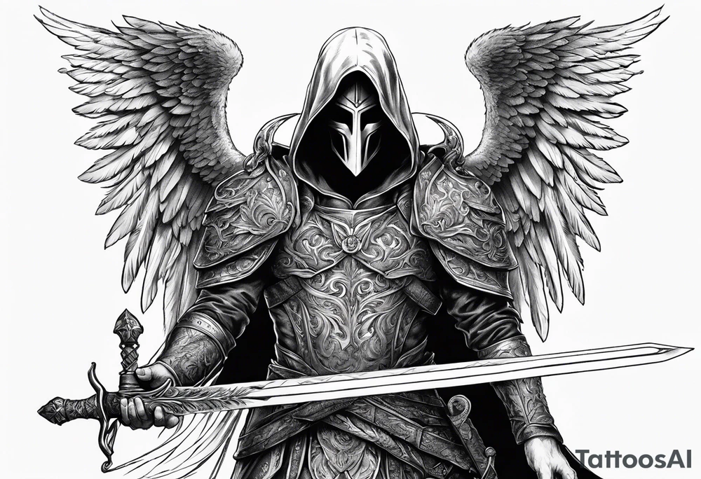 realistic angel of death, man, full body, no face visible, holding one sword, sword pointing downwards, both hands are holding the sword tattoo idea