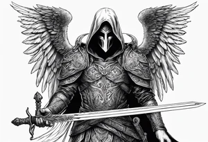 realistic angel of death, man, full body, no face visible, holding one sword, sword pointing downwards, both hands are holding the sword tattoo idea
