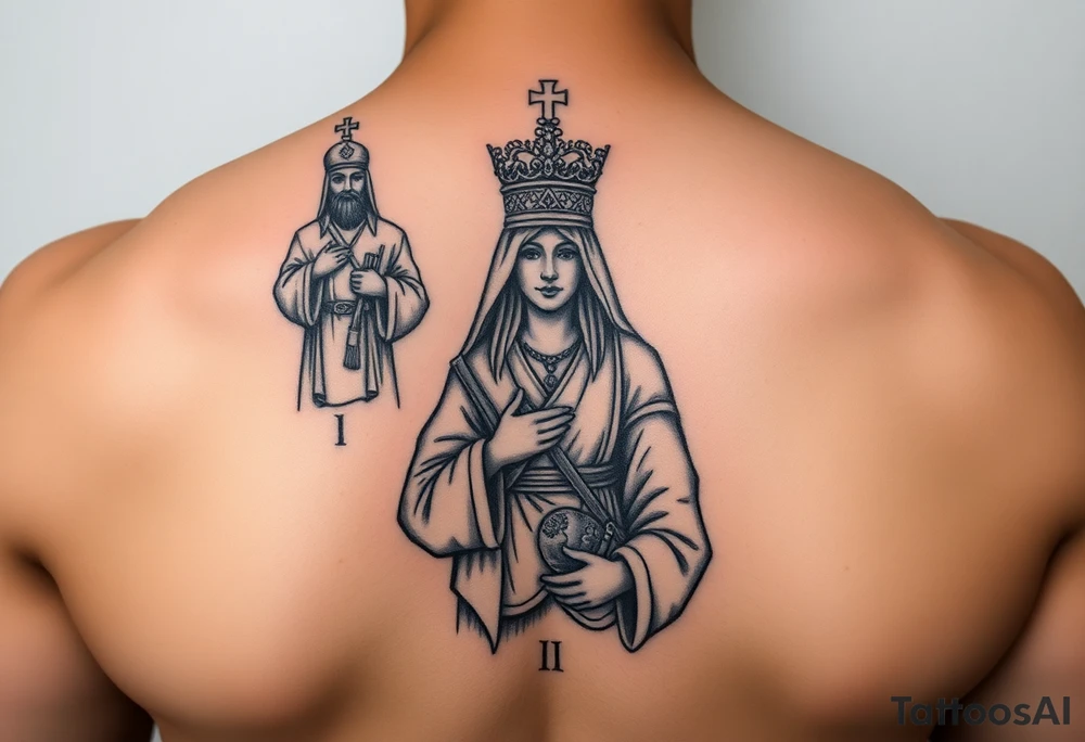 Protect religious statues watch over female in military tattoo idea