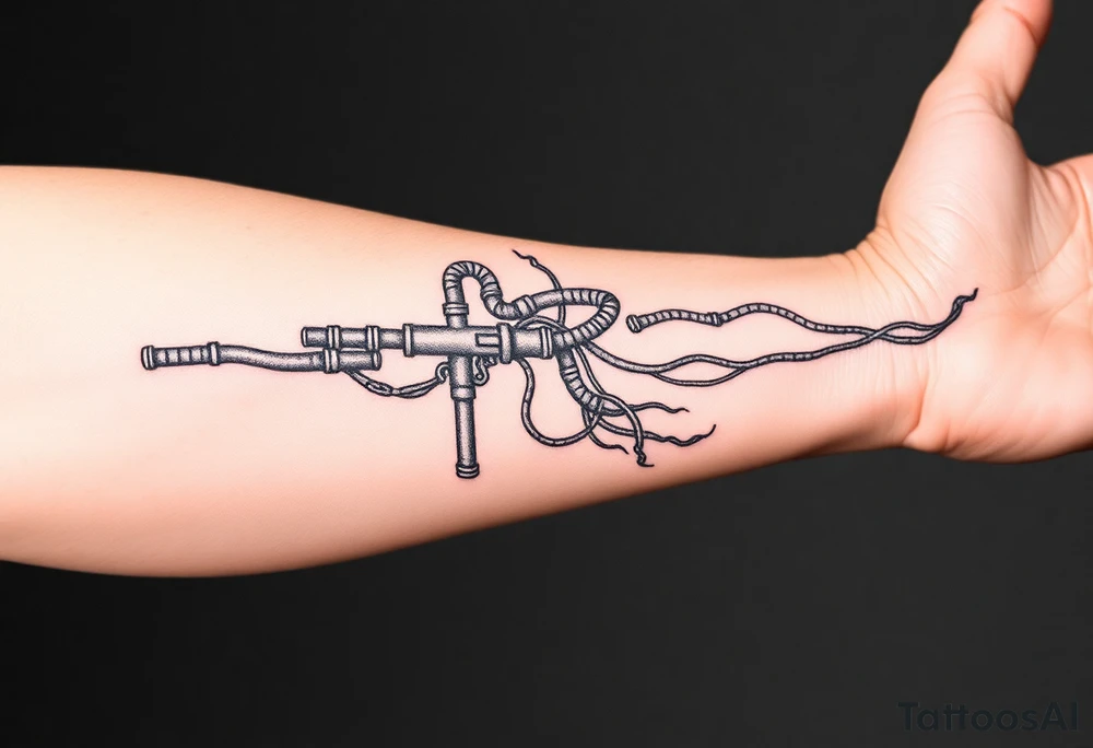 long
System of pipes that transitions into veins of forearm tattoo idea