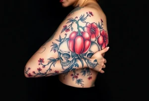 Pomegranate and skulls with female samurai tattoo idea