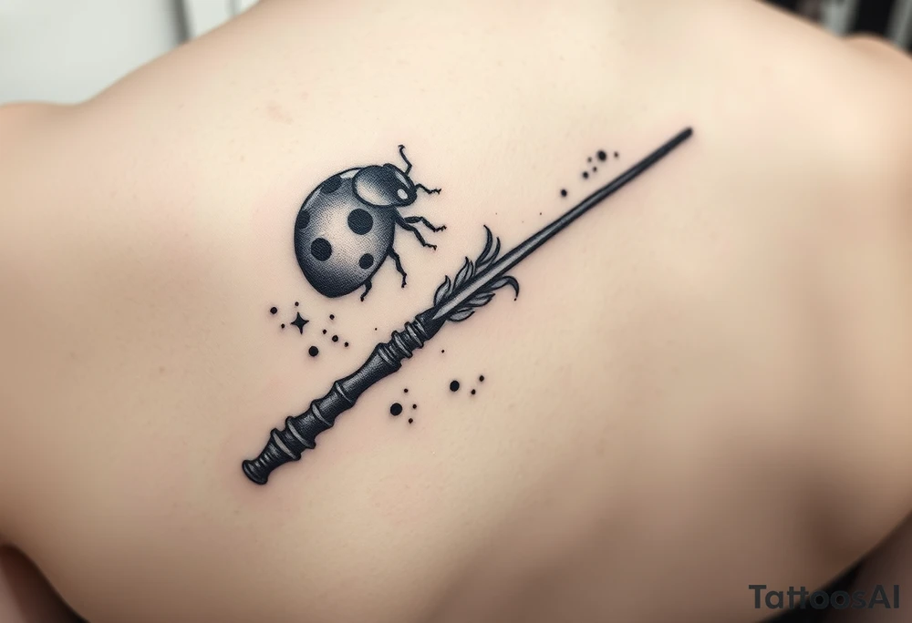 A ladybug getting out of hermione's magic wand like it was a spell. Magic dust all around the wand that looks almost smoky. I also want some small details around it that would make a piggyback on harry potter's movie like harry's glasses, a lightning, the golden snitch, etc... tattoo idea
