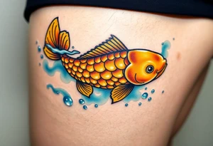 A highly detailed golden carp with shimmering scales, swimming through crystal-clear water with light reflections tattoo idea