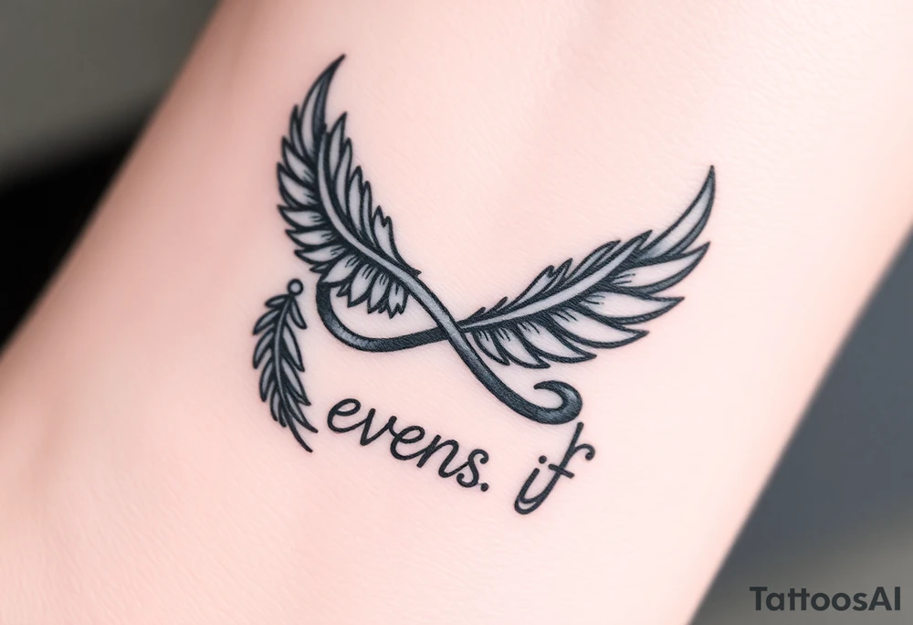 whimsical feathers and infinity symbol with words "EVEN IF" tattoo idea