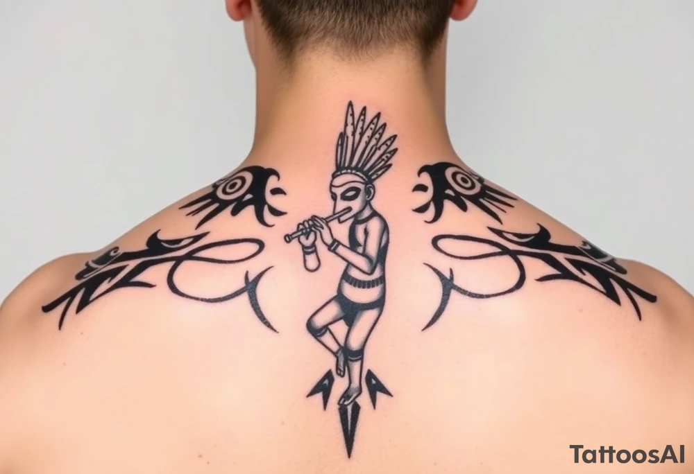 cactus in the middle
kokopelli playing flute in front ot cactus tattoo idea