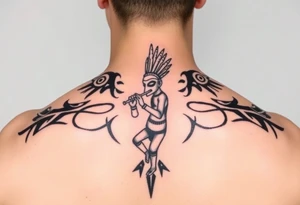 cactus in the middle
kokopelli playing flute in front ot cactus tattoo idea