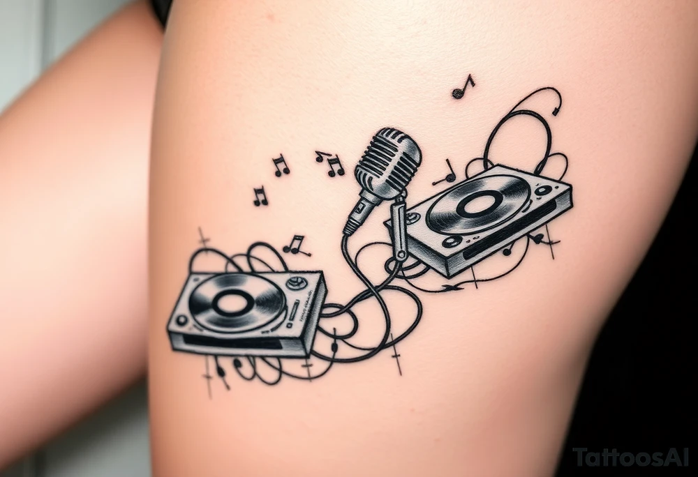 Microphone turntables and music notes graffiti style on a woman's thigh tattoo idea