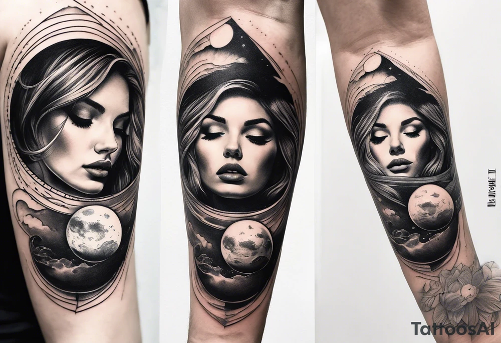 A surrealistic forarm tattoo featuring beautiful woman’s face holding a planet in her hand. Above her head is a man being lifted up into a black hole tattoo idea