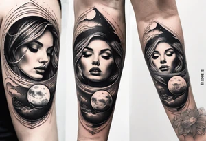 A surrealistic forarm tattoo featuring beautiful woman’s face holding a planet in her hand. Above her head is a man being lifted up into a black hole tattoo idea