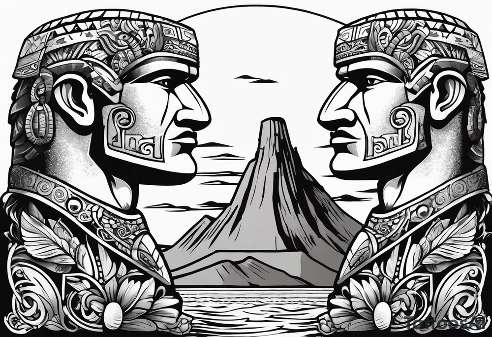 Upper arm piece of Easter island heads with an island landscape and hawk circling above tattoo idea