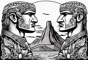 Upper arm piece of Easter island heads with an island landscape and hawk circling above tattoo idea