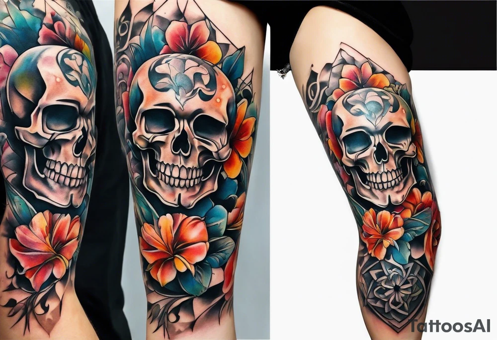front knee tattoo with flowers & skulls, swirls & water washes, background washes tattoo idea