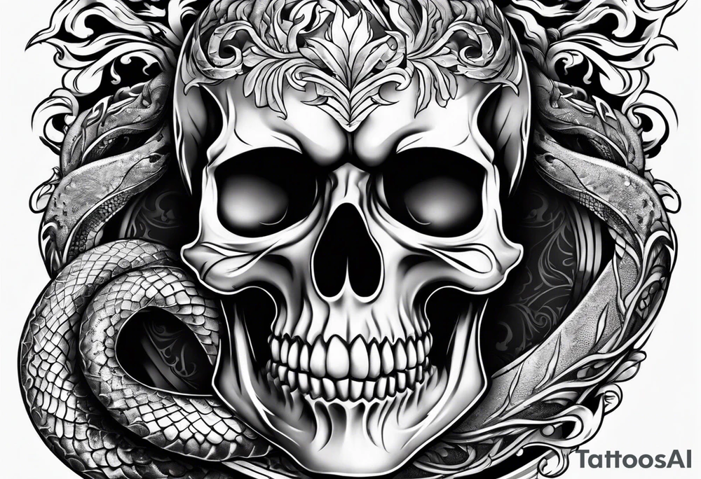 Skull with burning flames in mouth and snake through its eyes tattoo idea