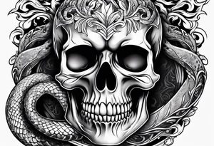 Skull with burning flames in mouth and snake through its eyes tattoo idea