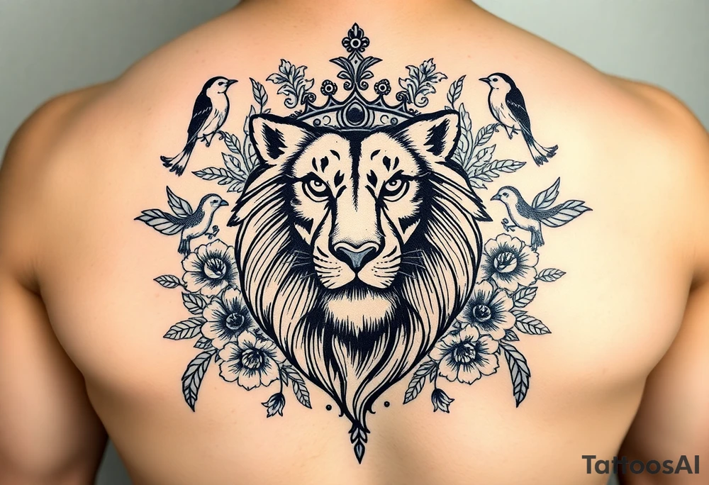 powerful majestic lion with a crown, surrounded by floral ornaments and birds tattoo idea